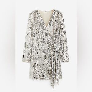 H&M Sequined Wrap Dress Silver- Long Sleeve Party Dress - Size M - NWT